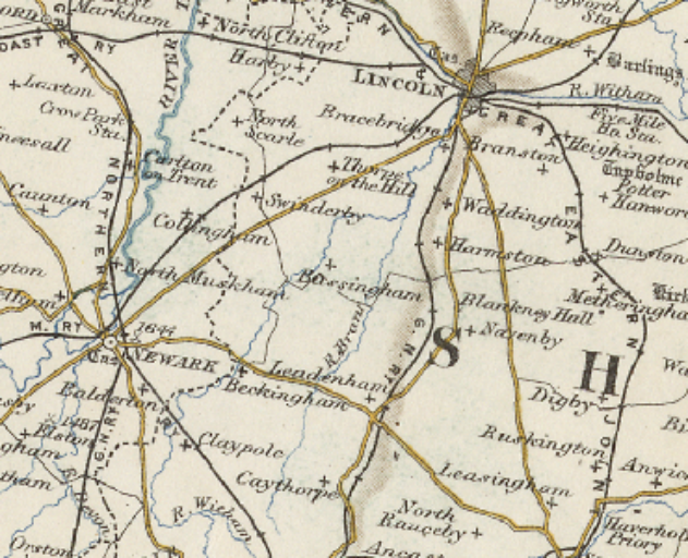 Victorian map showing Bassingham, Lincoln and Newark